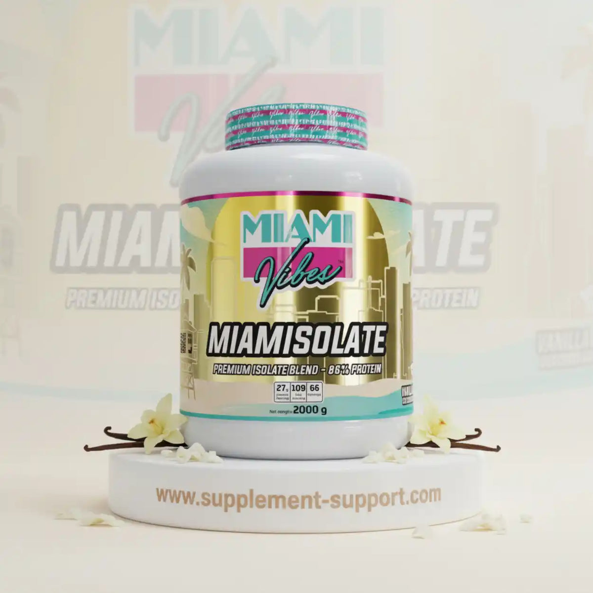 MIAMI VIBES MiamIsolate Whey Protein Isolat Blend, 2000g Dose auf weißem Podest