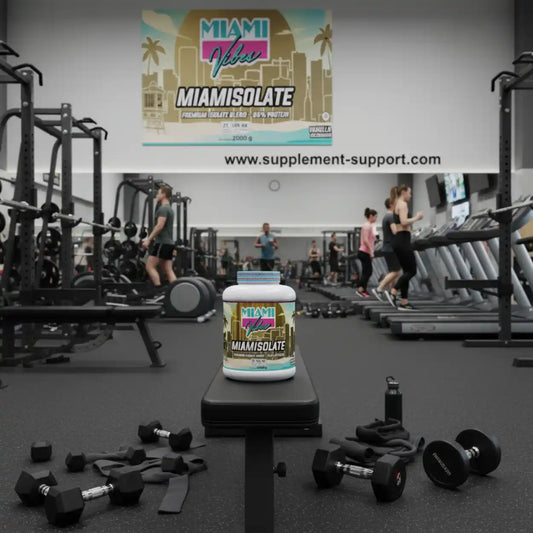 MIAMI VIBES Miamisolate Proteinpulver auf einer Hantelbank in einem Fitnessstudio.
