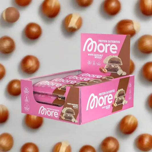 More Protein Satisbites White Hazelnut Nougat – Proteinriegel mit Haselnuss, 15g Eiweiß, ideal für Sportler und Fitness