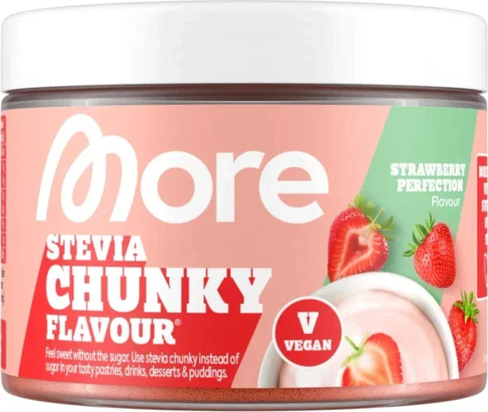 Dose More Stevia Chunky Flavour Erdbeer, veganer Zuckerersatz für Desserts und Fitnessernährung