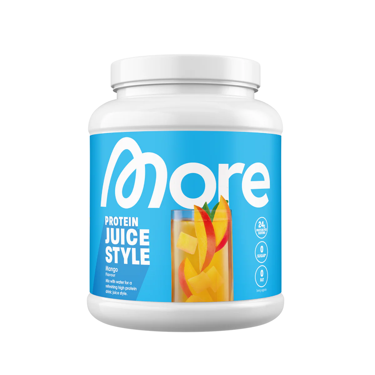 More Protein Juice Style Mango Geschmack in einem weißen Tiegel