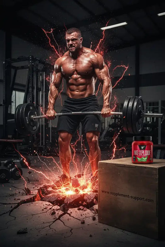 Muskulöser Bodybuilder hebt Hantel mit NO XPLODE Supplement auf einer Holzkiste.