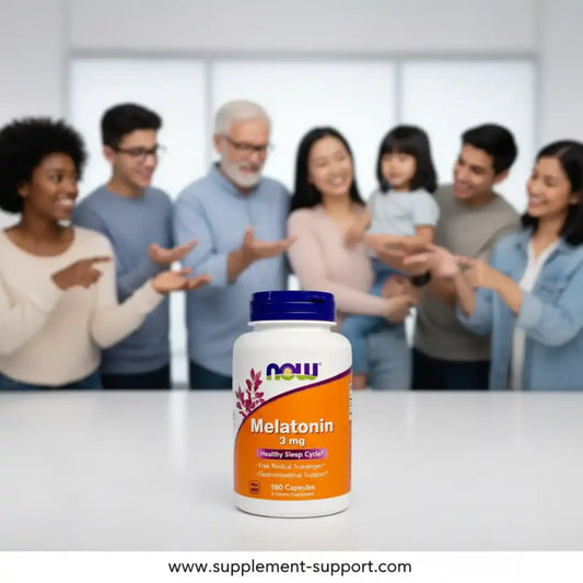 Melatonin 3 mg Kapseln Dose auf Tisch, Familie im Hintergrund, Schlafunterstützung