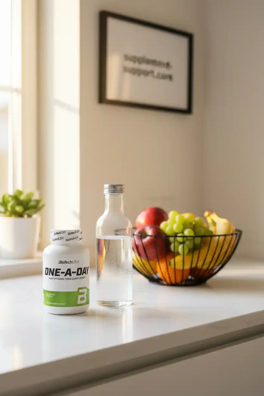 One-A-Day Multivitamin-Flasche neben Wasser und Obstschale – Nahrungsergänzung für Sportler und Fitness