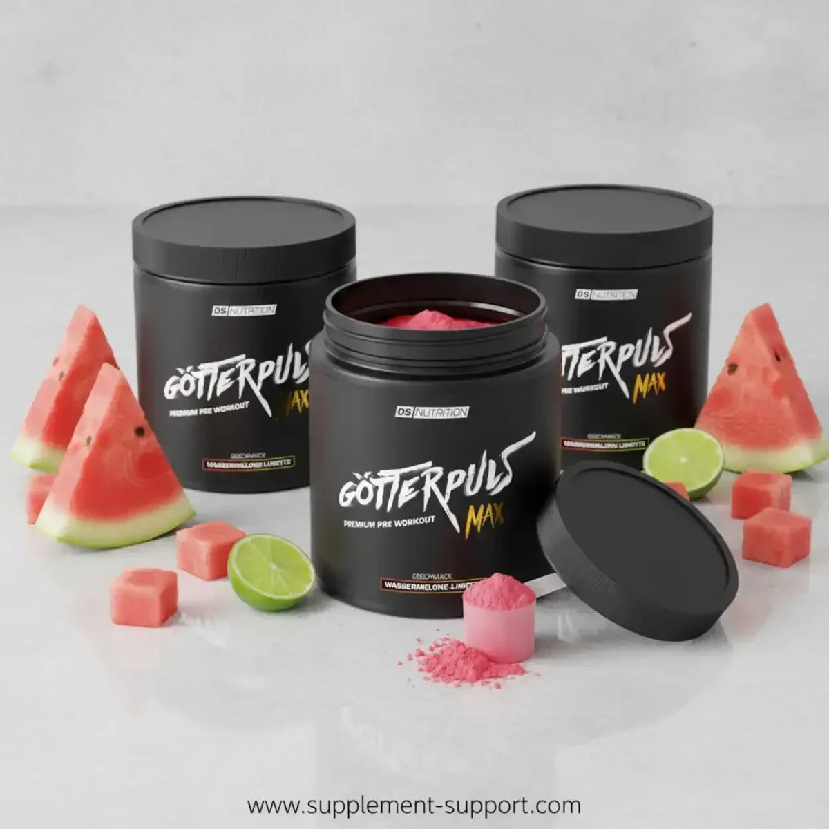 Götterpuls Max Pre-Workout Pulver Wassermelone Limette mit Fruchtstücken, schwarze Dosen