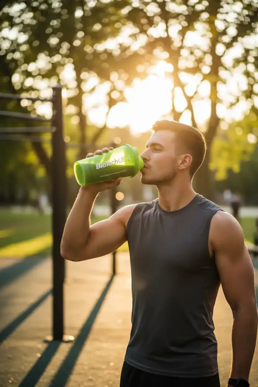 Sportler trinkt aus grüner BioTechUSA Shakerflasche im Park bei Sonnenuntergang, Fitness & Sportnahrung