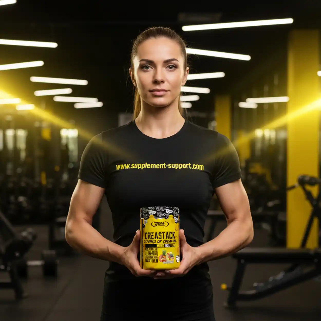 Sportliche Frau hält Real Pharm Crea Stack Creatin im Fitnessstudio, Nahrungsergänzung für Muskelaufbau