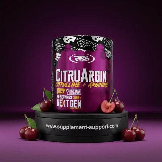 Citrullin Arginin Supplement Pulver, violette Dose mit Kirschen, Fitness Nahrungsergänzung