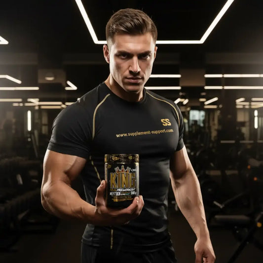 Muskulöser Mann mit King Pre-Workout in Fitnessstudio, Nahrungsergänzung für Sportler