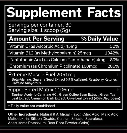 Nahrungsergänzungsmittel Supplement Facts Label mit Vitaminen, Mineralstoffen und Matrix-Blends