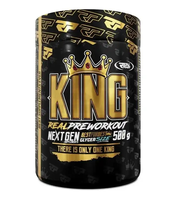 Dose KING Real Preworkout Nahrungsergänzung, schwarzes Design mit goldener Krone, 500g