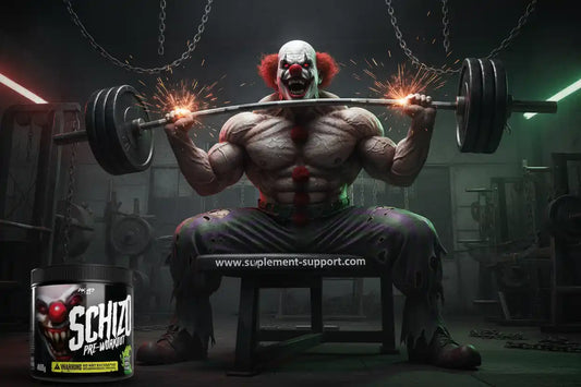 Muskel-Clown mit Hantel und Schizo Pre-Workout in Fitnessstudio