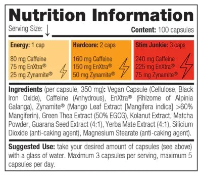 Nahrungsergänzung Nutrition Facts Tabelle, Koffein- und Pflanzenextraktangaben, Dosierungsempfehlung