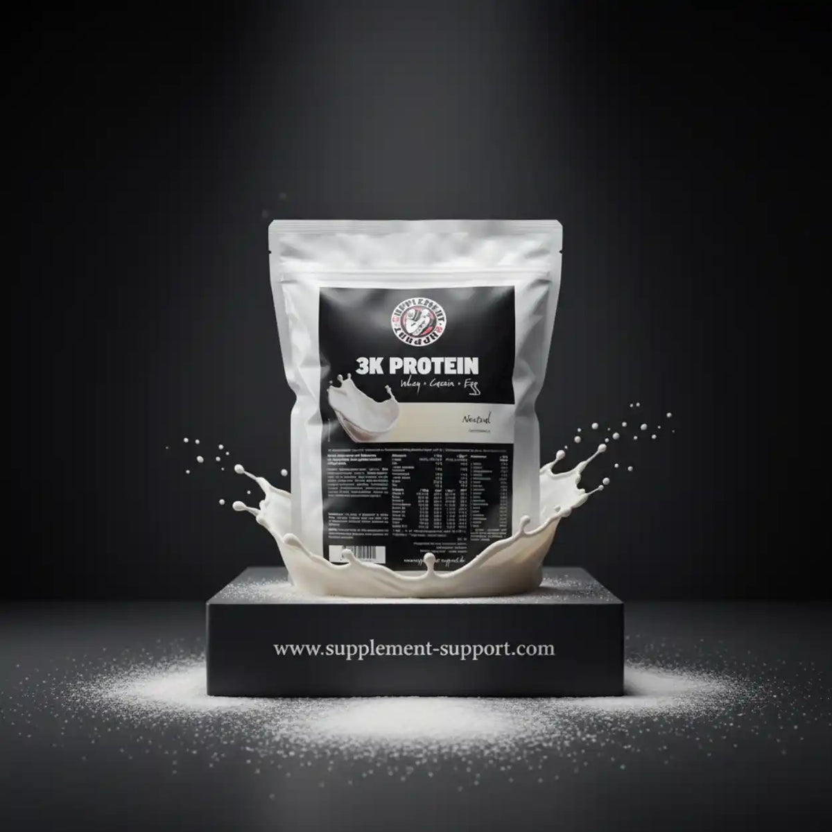 3K Protein Nahrungsergänzung in einer weißen Packung mit Milchschaum-Effekt auf schwarzem Grund.