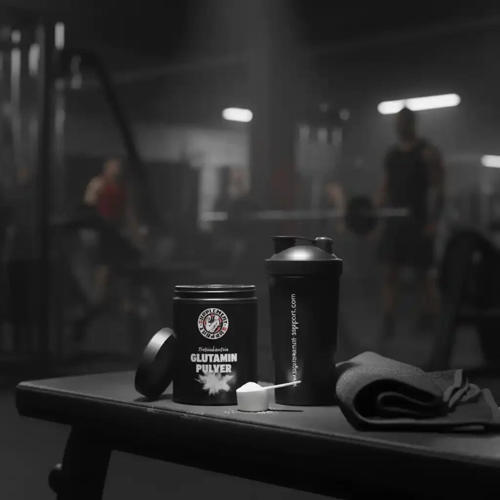 Glutamin Pulver Dose und Shaker auf einer Trainingsbank im Fitnessstudio