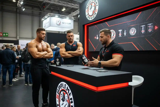 Drei muskulöse Männer an einem Supplement-Support Messestand mit Sportnahrung.