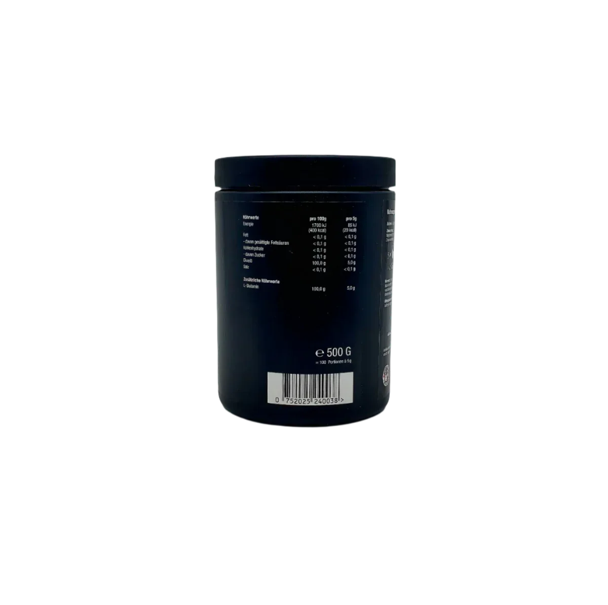Nährwerttabelle auf der Rückseite einer schwarzen Supplement-Dose, 500g