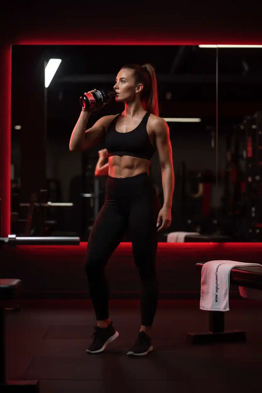 Frau trinkt Proteinshake im Fitnessstudio – Sportnahrung & Nahrungsergänzung für Fitness und Training