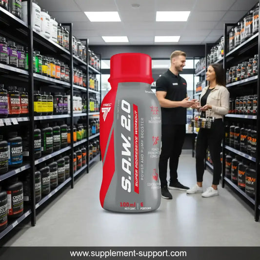 Trec SAW 2.0 Booster Shot im Fitnessnahrung-Shop, Regale mit Supplements, Beratungsszene