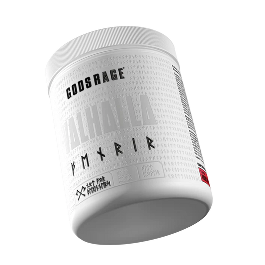 Weiße Dose Gods Rage Valhalla, Pre-Workout Booster mit Runen-Design auf dem Etikett