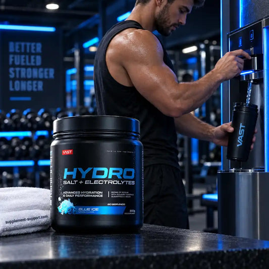 VAST Hydro SALT + ELECTROLYTES Supplement in einem Fitnessstudio mit Sportler im Hintergrund.