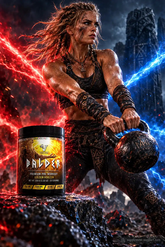 Viking Power Balder Pre-Workout Booster Dose vor muskulöser Kriegerin mit Kettlebell