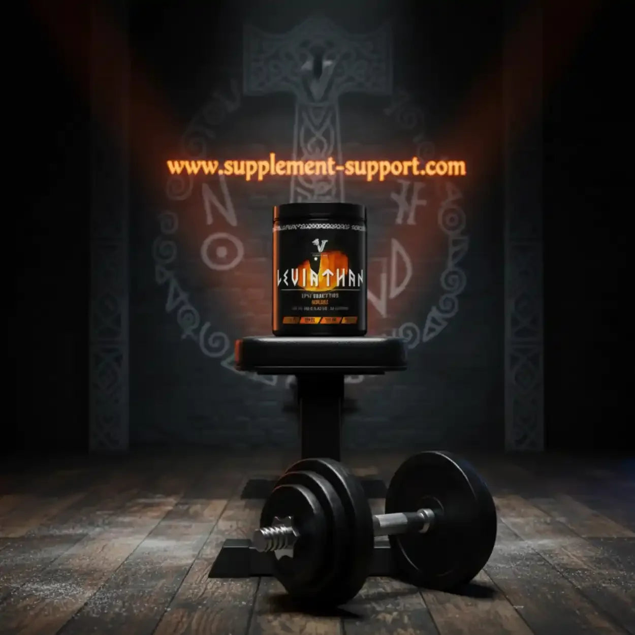 Viking Power Leviathan Pre Workout auf Hantelbank mit Hantel, Fitness Supplement bei Supplement-Support.com