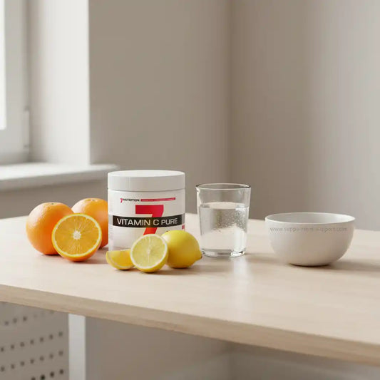 Vitamin C Pure Supplement mit Orangen, Zitronen und Wasser auf Holztisch für Sportler und Fitness