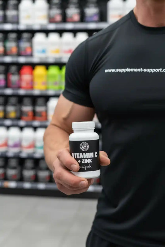 Mann hält eine Dose Vitamin C + Zink Nahrungsergänzung vor einem Regal mit Sportnahrung.