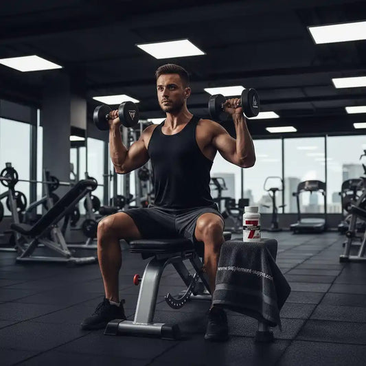 Muskulöser Mann mit Hanteln im Fitnessstudio, Nahrungsergänzungsmittel daneben