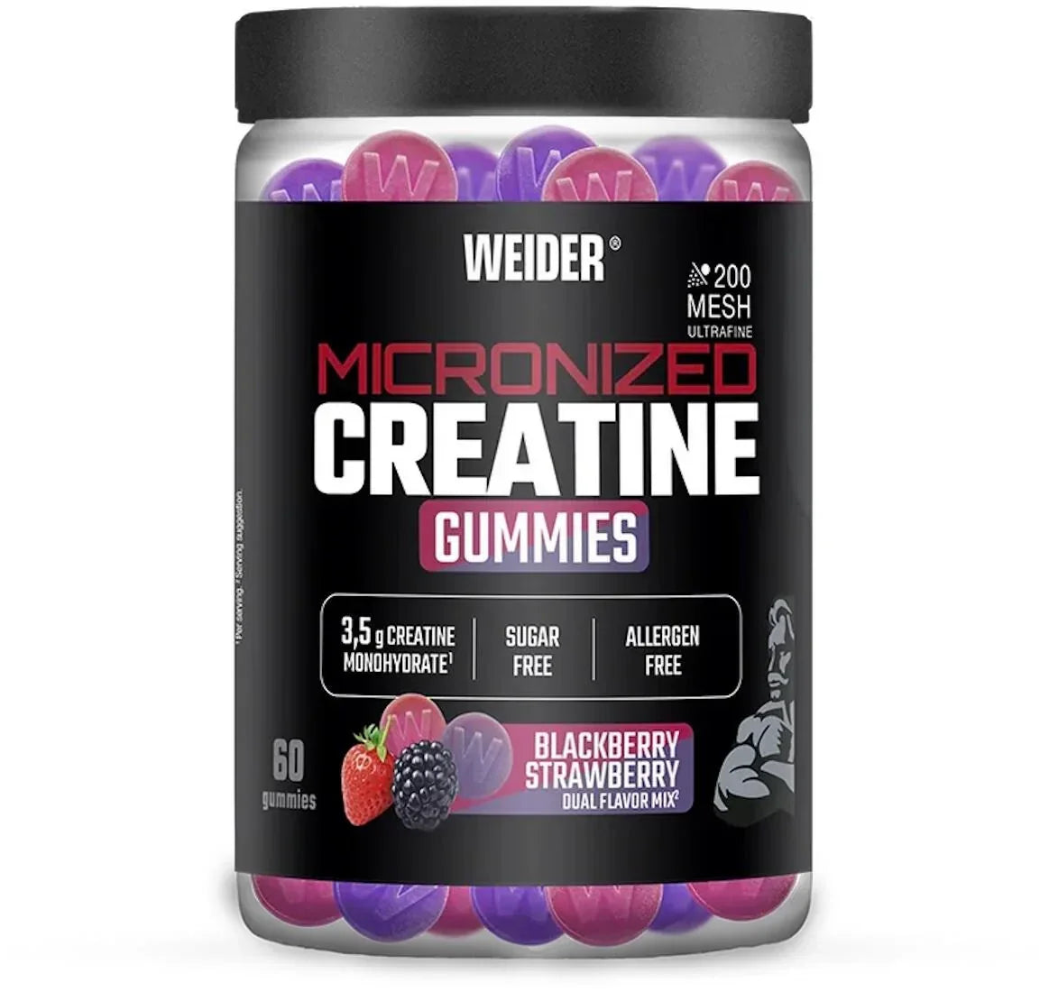 Weider Micronized Creatine Gummies, 60 Stück, Blackberry Strawberry Geschmack, zuckerfrei, allergenfrei