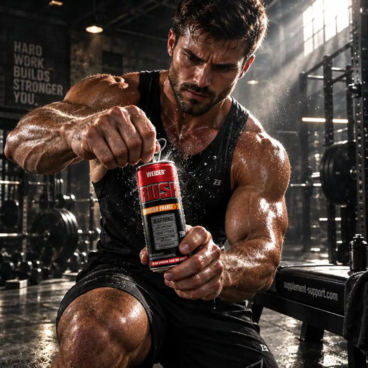 Muskulöser Mann öffnet eine Dose WEIDER RUSH Energydrink im Fitnessstudio
