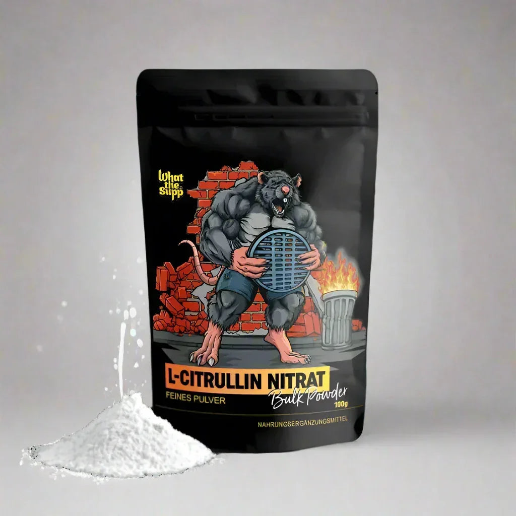 Verpackung von L-Citrullin Nitrat Bulk Powder mit muskulöser Ratten-Illustration und Pulver.