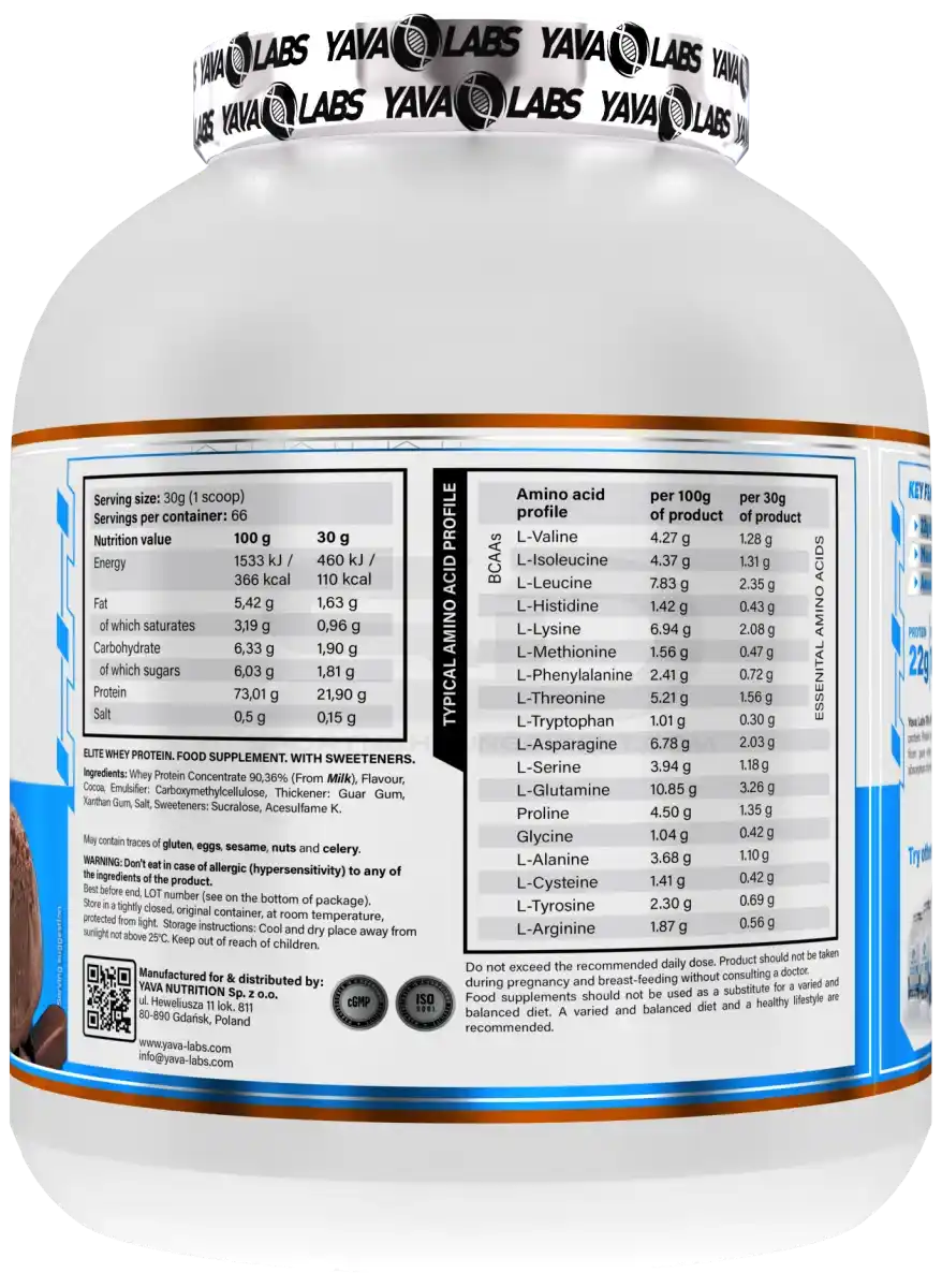 Yava Labs Elite Whey Protein mit Aminosäureprofil und Nährwertangaben für Sportler