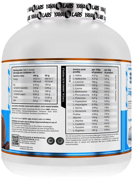 Yava Labs Elite Whey Protein mit Aminosäureprofil und Nährwertangaben für Sportler
