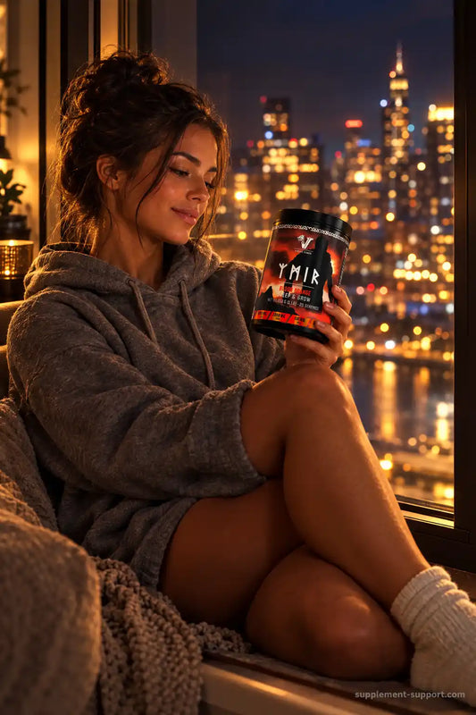 Frau in gemütlichem Hoodie mit Viking Power Ymir Sleep & Grow vor einer nächtlichen Stadtkulisse.