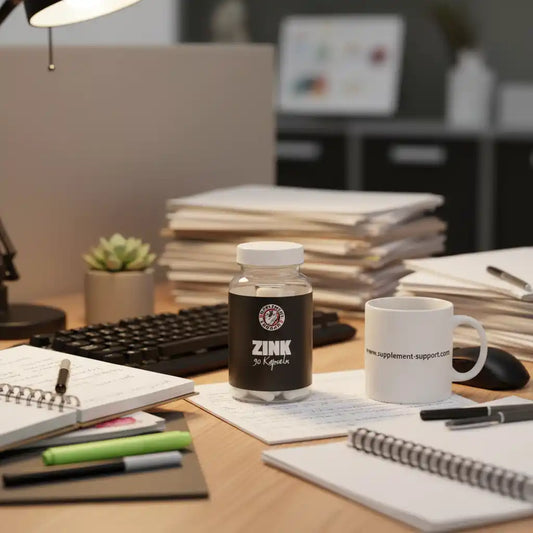 Zink Nahrungsergänzungskapseln auf einem Schreibtisch mit Notizblock und Kaffeetasse