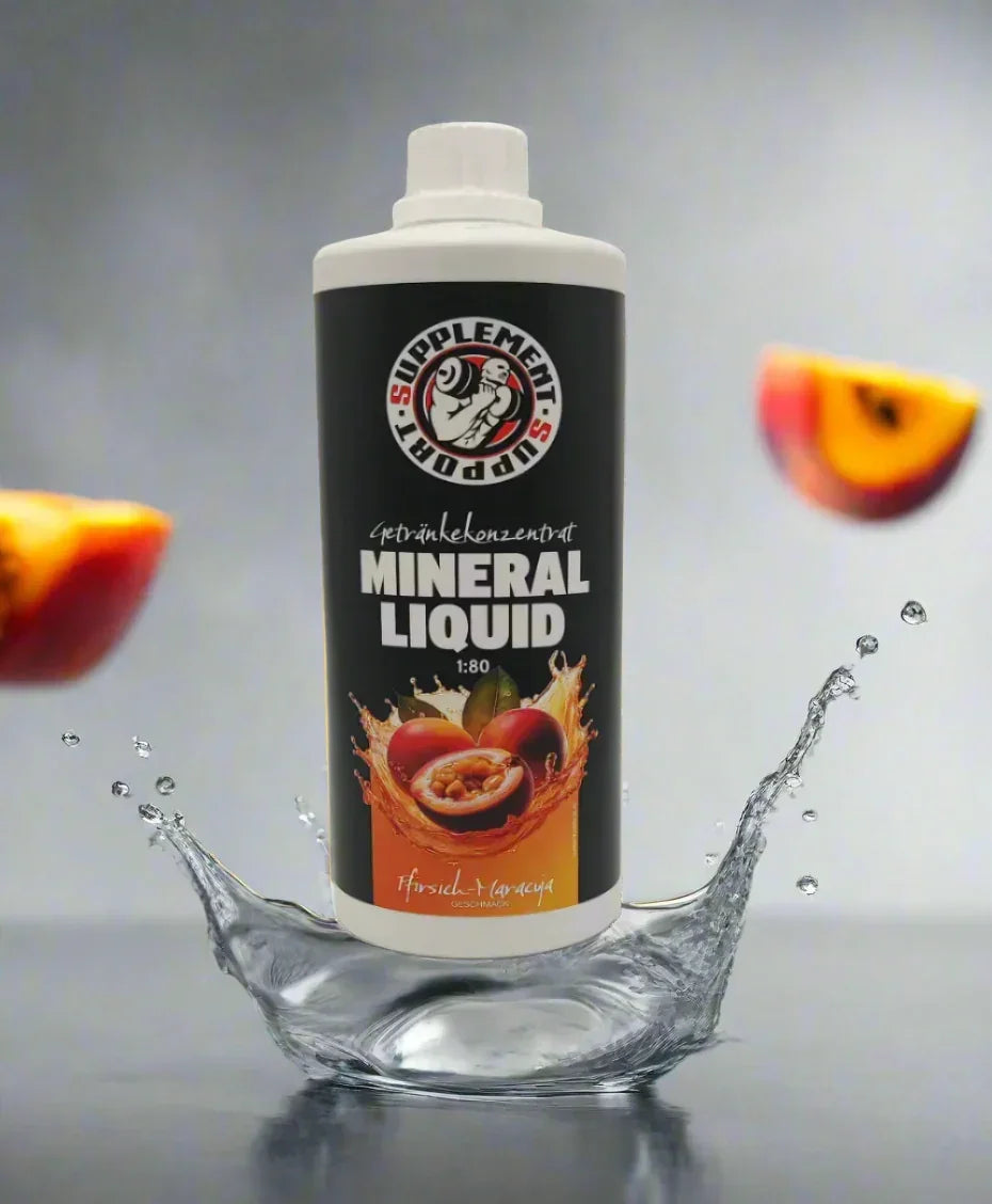 Mineral Liquid Getränkekonzentrat Pfirsich-Maracuja, Nahrungsergänzung für Sportler mit Wasserspritzern