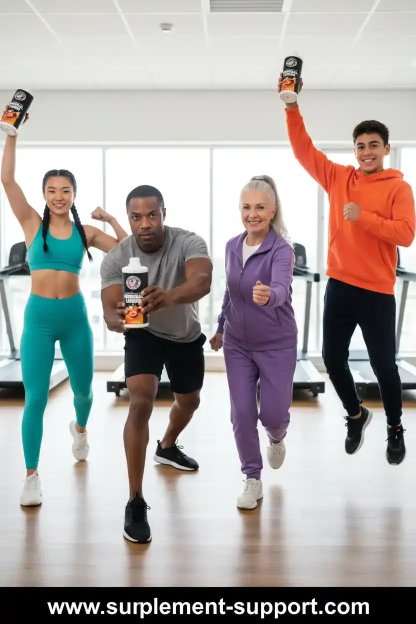 Vier sportliche Menschen im Fitnessstudio mit Protein-Shakes und Sportnahrung.