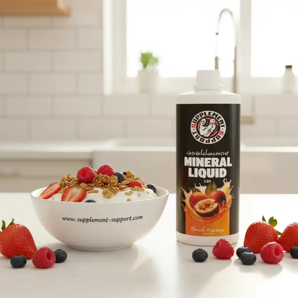 Mineral Liquid Konzentrat in einer Flasche neben einer Schale mit Joghurt und frischen Beeren.