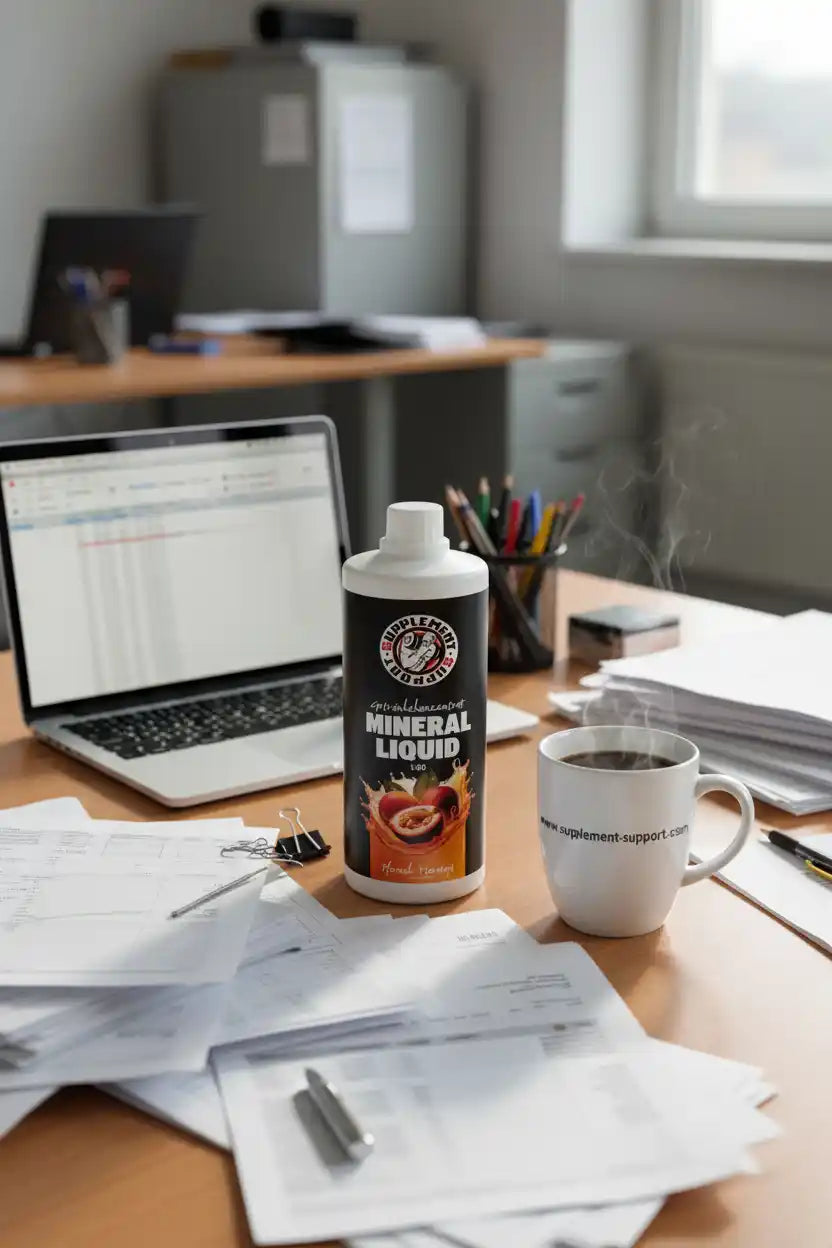 Mineral Liquid Nahrungsergänzung auf einem Schreibtisch mit Laptop und Kaffee