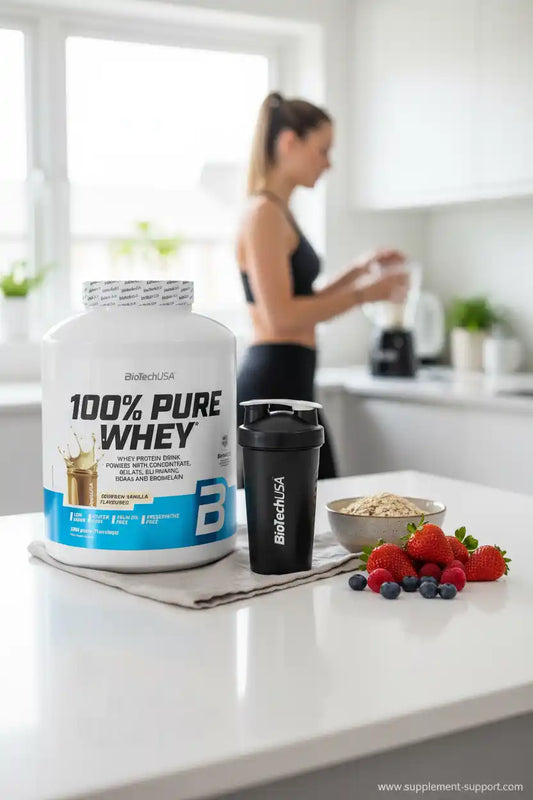BiotechUSA 100% Pure Whey Protein Vanille mit Shaker, Beeren und Haferflocken in moderner Küche