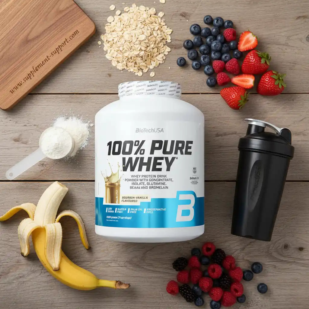 100% Pure Whey Protein Powder mit Beeren, Banane und Haferflocken für Fitness und Sport