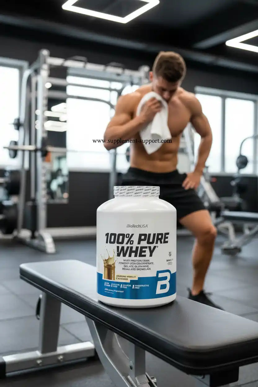 100% Pure Whey Protein von BiotechUSA auf Bank im Fitnessstudio mit Muskelmann im Hintergrund