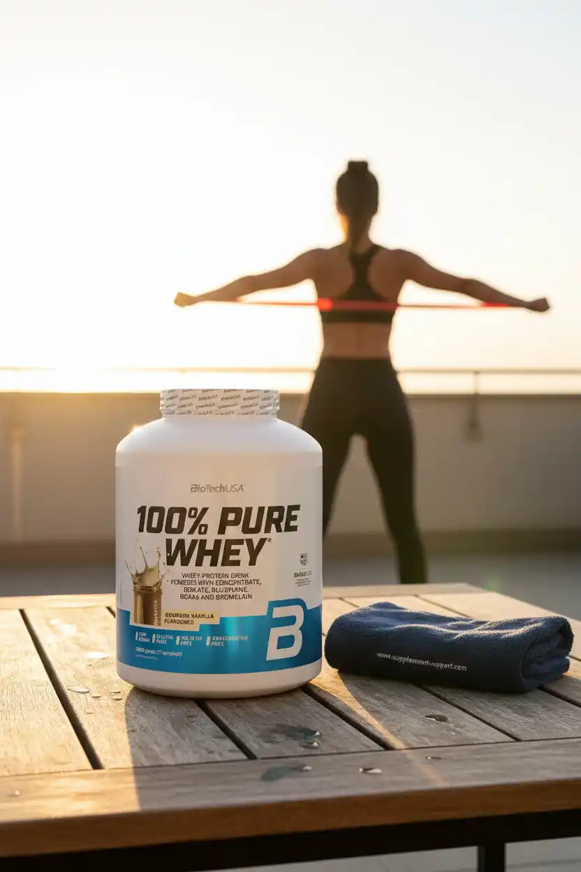 BioTech USA 100% Pure Whey Protein Pulver auf Holztisch mit Sportlerin im Hintergrund bei Sonnenaufgang