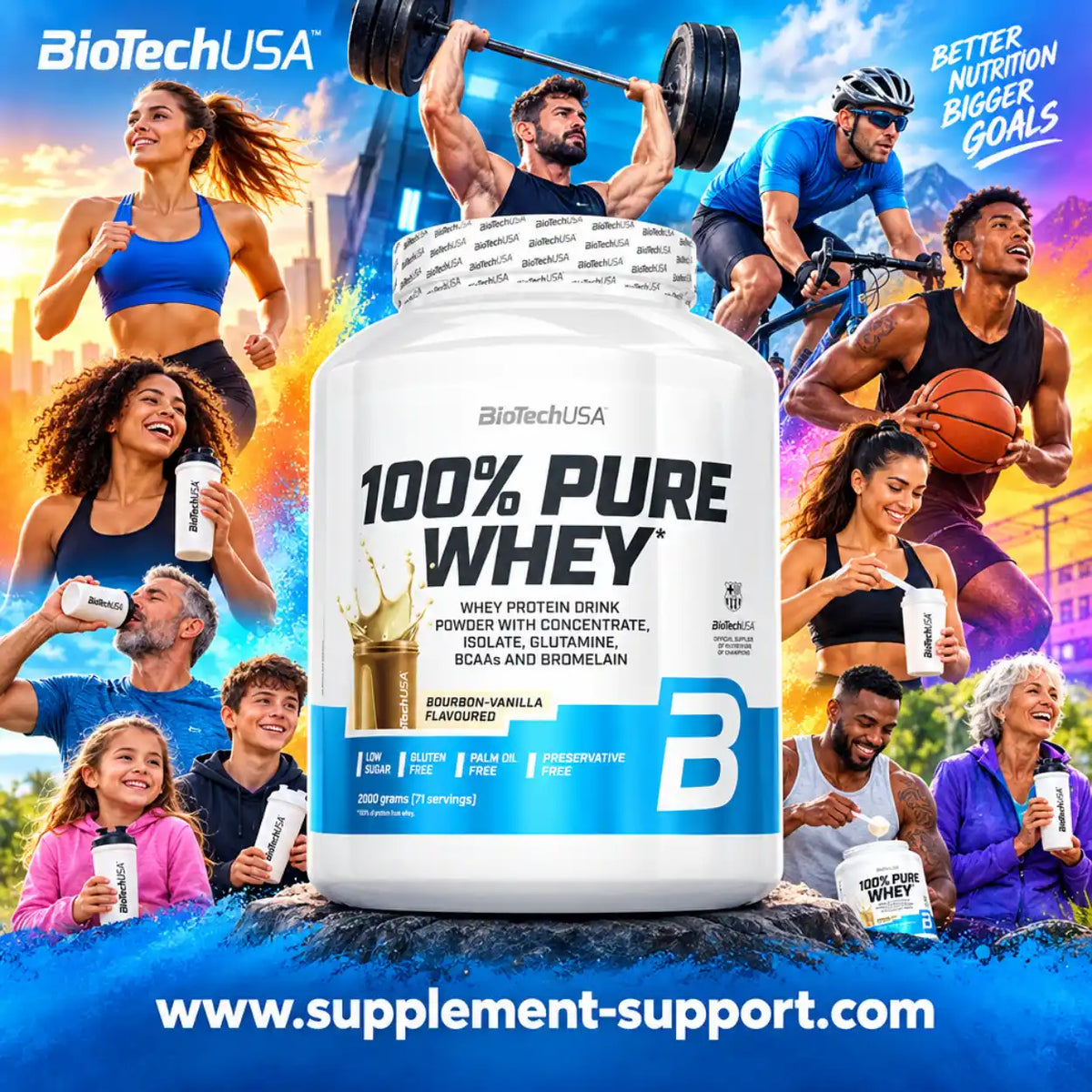 BioTech USA 100% Pure Whey Protein Pulver, 2000g, Bourbon-Vanille, umgeben von Sportlern.