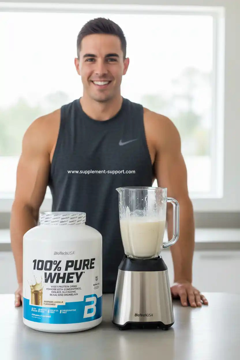 Muskulöser Mann mit 100% Pure Whey Protein und Mixer – ideal für Fitness & Sportler