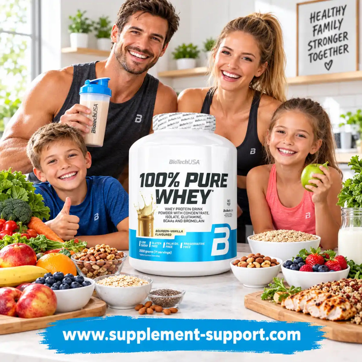 BioTech USA 100% Pure Whey Protein Pulver vor einer glücklichen Familie und gesunden Lebensmitteln