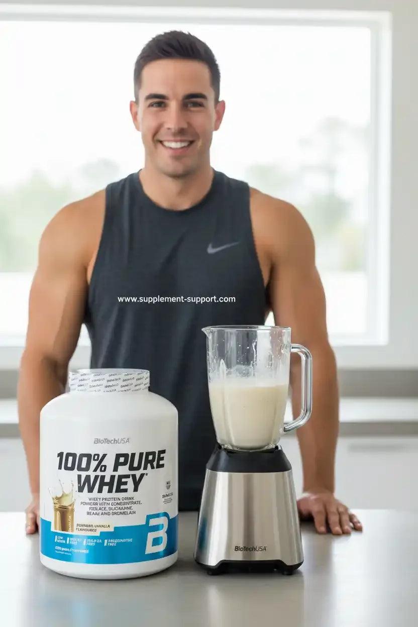Muskulöser Mann mit 100% Pure Whey Protein und Mixer – ideal für Fitness & Sportler
