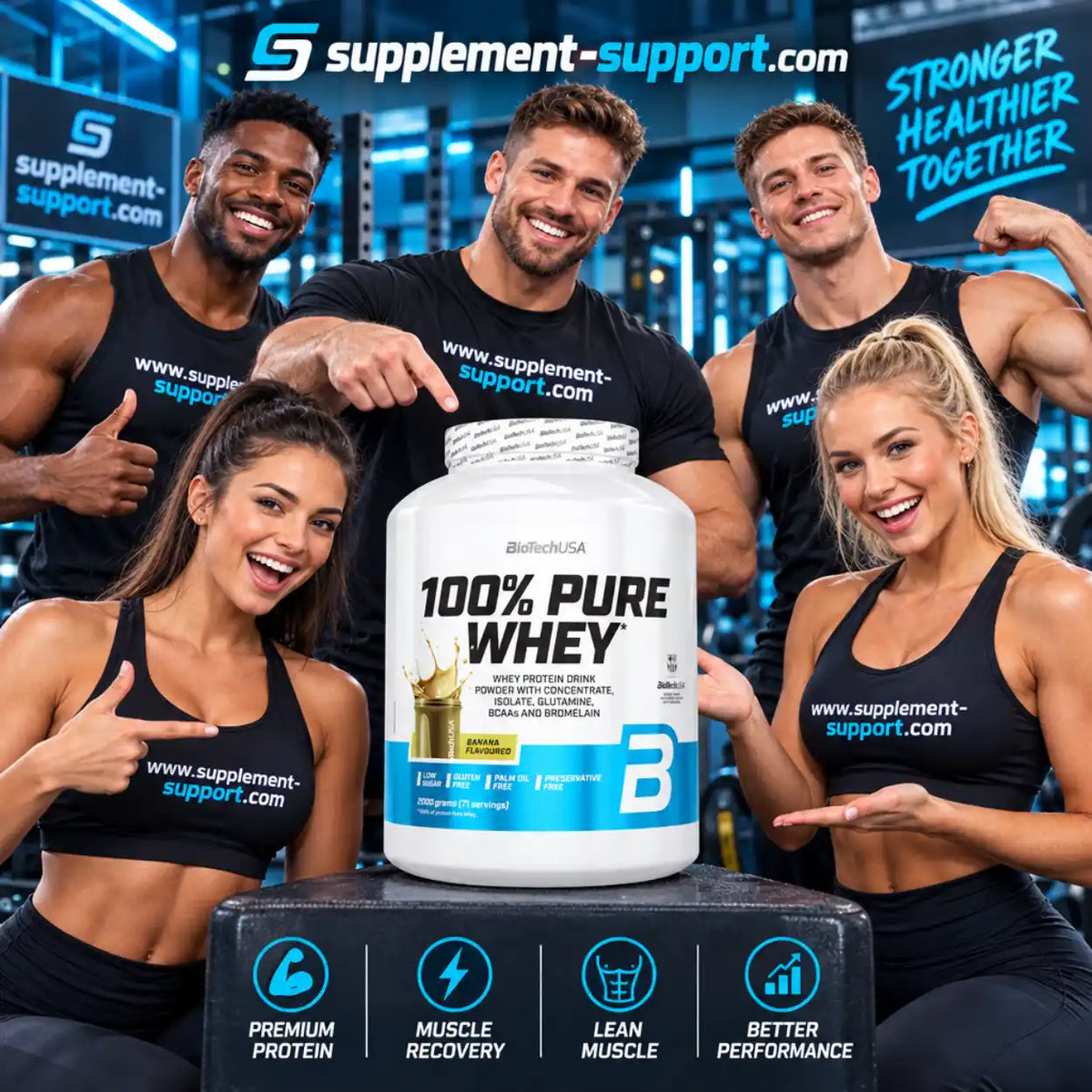 BioTech USA 100% Pure Whey Protein Pulver 2000g mit vier sportlichen Menschen im Fitnessstudio.